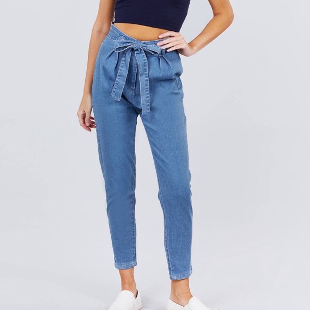 Front tied paper bag denim long pants